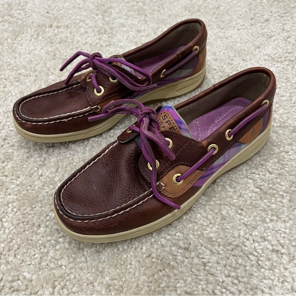 Sperry Women’s Bluefish 5M Purple Plaid 2-Eye Boat Shoe Top Sider Brown Leather, - Picture 8 of 16